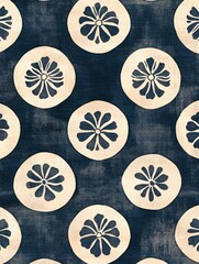 Poster - Indigo and Cream Floral Pattern with Repeating Circular Design
