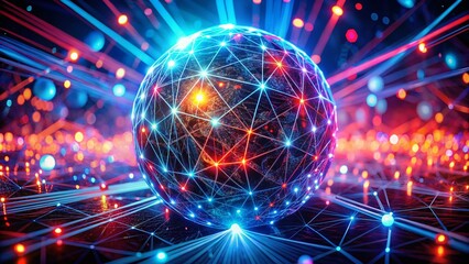 Poster - Abstract 3D Render: Glowing Sphere Network, Ultraviolet Neon Lights, Red Blue Laser Show