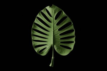 Poster - Abstract Green Leaf with Textured Surface and Vertical Slits Against a Black Background