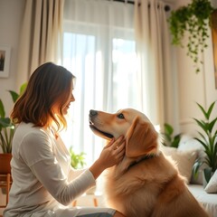 mujer propietaria acariciando a un bonito perro