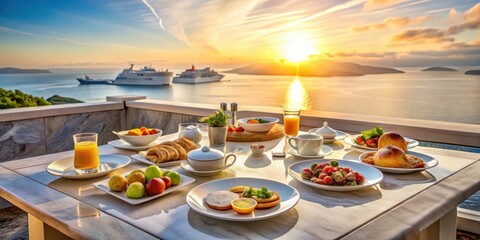 Wall Mural - A lavish spread of gourmet breakfast dishes on a marble-topped table overlooking a serene ocean landscape at dawn , cruise ship, ocean view