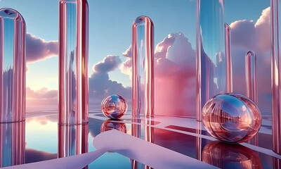 Poster - Pink glass columns, spheres, sunset cloudscape, reflective floor, digital art