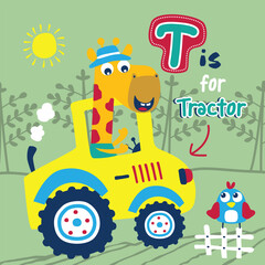 Giraffe driving yellow tractor with playful 