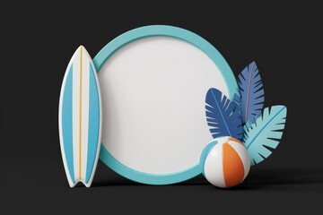 Poster - Blue Circular Frame With Surfboard Tropical Leaves And Beach Ball Against A Black Background