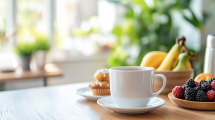 Wall Mural - Coffee, muffins, and fruit on kitchen table, bright window background, healthy breakfast