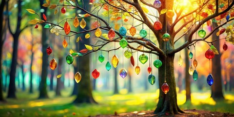 Wall Mural - Glass tree with vibrant branches and colorful glass leaves hanging from its limbs in a whimsical forest setting