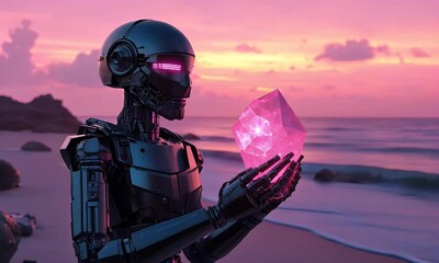 Aufkleber - Robot holds crystal, sunset beach, future tech