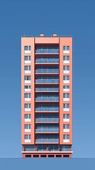 Aufkleber - A tall building with striking pink hues stretches towards the heavens, adorned with balconies overlooking the surroundings. The clear blue sky enhances the vibrant aesthetic, embodying modernity