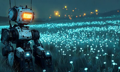 Aufkleber - Retro robot in glowing field, night scene