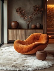 Poster - Contemporary minimalist interior design with orange armchair wooden sideboard decor and natural light