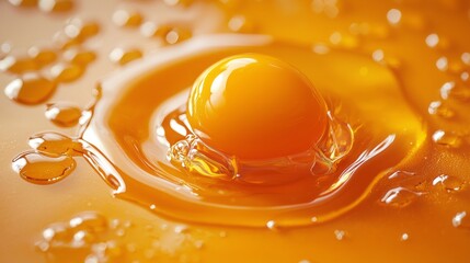 Poster - Nestled in a pool of transparent egg white, a single golden yolk rests elegantly on a textured orange backdrop. This visual delights and sparks culinary creativity, evoking warmth and richness