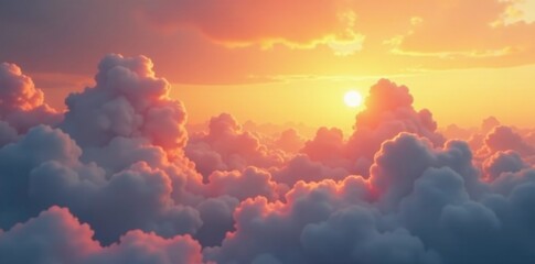 Wall Mural - Softly glowing clouds drift lazily across a radiant orange sky, calm atmosphere, gentle glow