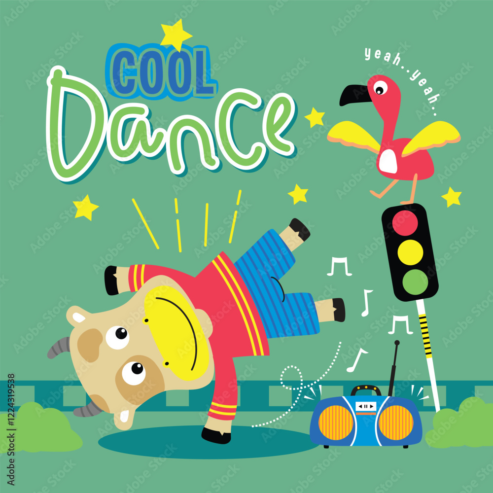 Cartoon cow breakdancing with flamingo near traffic light and music ...