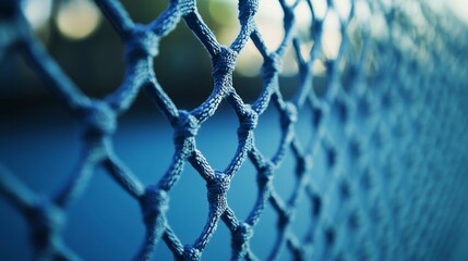Detailed close up of blue woven net with defocused background outdoors