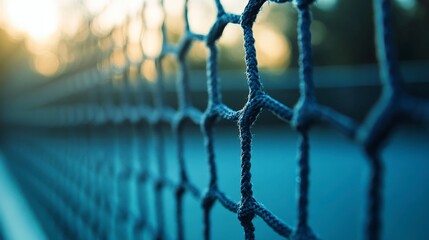 Close up of a textured sports net with bokeh background at sunset