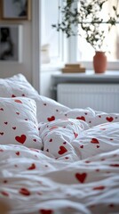 Aufkleber - A serene bedroom space features a plush white bed sheet scattered with vibrant red hearts, creating a warm and cozy haven