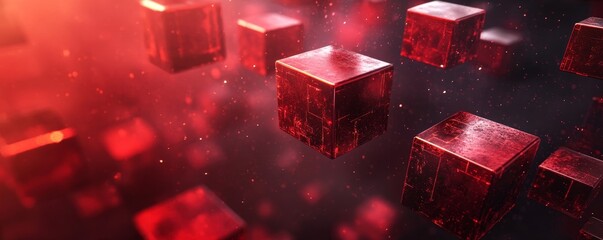 Wall Mural - Abstract floating cubes in red hues, 3D render, Generative AI