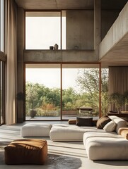 Canvas Print - A loft-style living room with a concrete floor and floor-to-ceiling windows