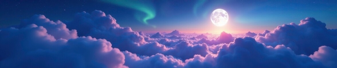 Wall Mural - Softly glowing clouds float above a serene landscape under a moonlit night sky with gentle aurora displays, moonlight, heavens, peaceful