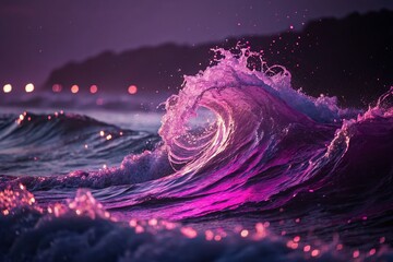 Poster - Abstract Purple Pink Neon Wave, Glitch Art, Metaverse Background, Fluid Blur Bokeh