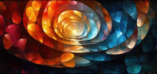 Poster - Vivid Abstract Spiral Patterns with Reflective Surface and Colorful Ambient Light