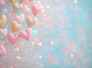 Wall Mural - Abstract blurred background with heart-shaped bokeh, pastel pink and blue colors, white empty tabletop for product display, Valentine's Day concept. 