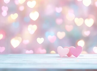 Wall Mural - Abstract blurred background with heart-shaped bokeh, pastel pink and blue colors, white empty tabletop for product display, Valentine's Day concept. 