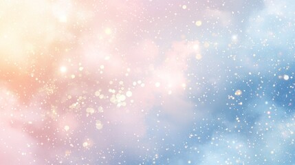 Fototapete - As twilight descends, the sky transforms into a canvas of soft pastel colors, blending pink and blue hues. Tiny sparkling lights dance amid the clouds, inviting wonder and tranquility