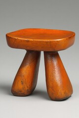 Poster - Orange wooden stool with three legs on a gray background studio shot of a rustic seat