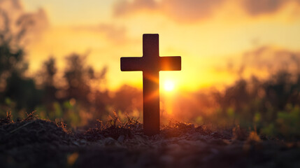 Poster - Silhouette of Cross at Sunset Reflecting Peace and Tranquility in Natural Setting : Generative AI