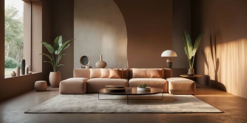 A living room with a brown wall and a brown couch. The couch is long and has a brown color. There are two vases on the floor, one on the left and one on the right