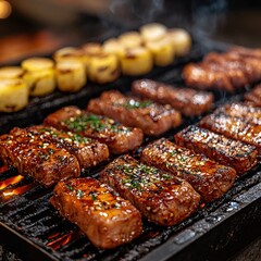 Wall Mural - Grilling Meat and Potatoes on a Hot Grill with Flames and Steam in a Close Up View