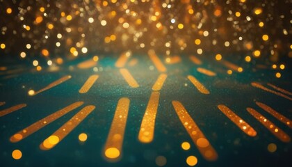 Poster - Golden bokeh lights on teal background creating a festive atmosphere