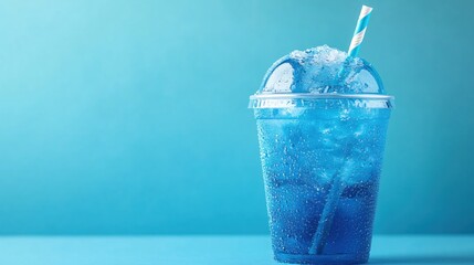 Poster - Refreshing blue slush drink in a clear plastic cup with striped straw on blue background