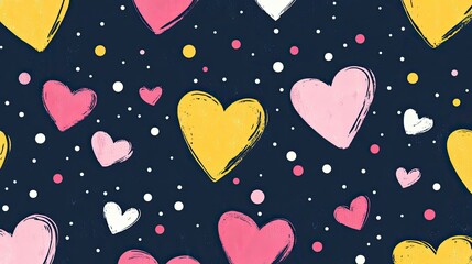 Poster - Joyful seamless design of navy, pink, and yellow hearts with scattered polka dots, playful and modern.