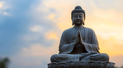 Poster - Buddha Peacefully Meditating at Twilight with Softly Lit Background : Generative AI