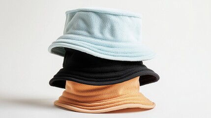Poster - Four pastel-colored terry cloth bucket hats are artfully arranged in a stack, showcasing a blend of light and vibrant colors that evoke a relaxed summer vibe, perfect for sunny days