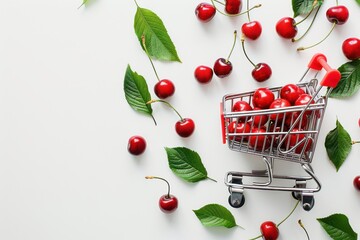 A tiny shopping cart filled with vibrant red cherries surrounded by fresh leaves on a clean white surface isolated on transparent background