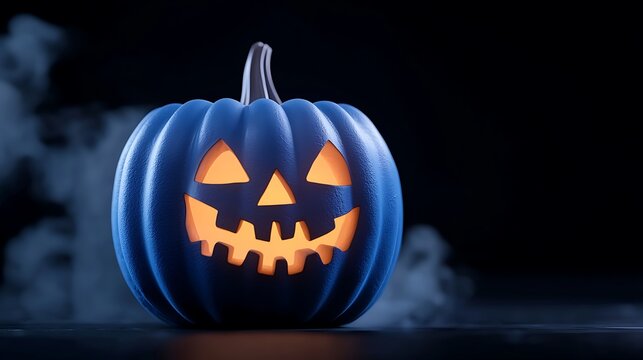 Glowing Blue Jack O' Lantern In Smoky Halloween Night