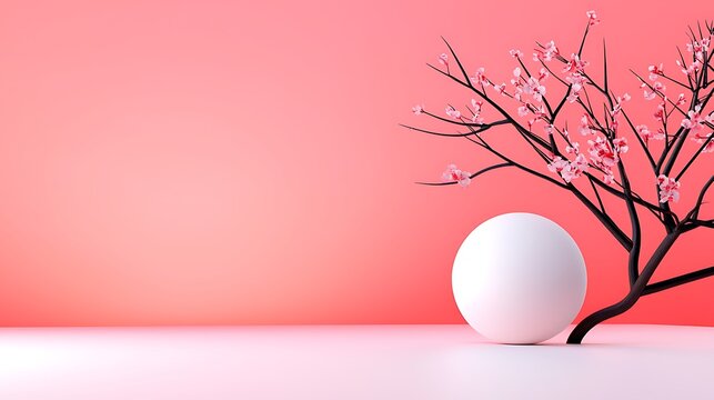 Minimalist Scene With White Sphere and Blooming Pink Branch