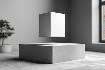 Poster - A minimalist design showcases a floating white cube suspended above a gray textured platform. Natural light filters in through a nearby window, enhancing the contemporary atmosphere