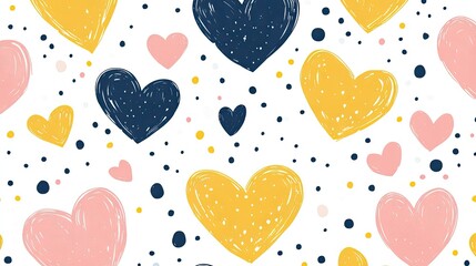 Poster - Playful hearts in yellow, pink, and navy with scattered dots on a white background, vibrant and cheerful seamless pattern.