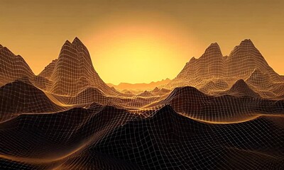 Poster - Wireframe mountains sunset landscape digital art