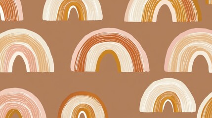 Aufkleber - This lively digital illustration features a seamless pattern of cheerful rainbows adorned in soft pastel colors, set against a rich brown backdrop, ideal for creative applications