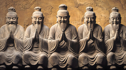 Poster - Row of Five Stone Statues of Meditative Monks with Serene Expressions : Generative AI
