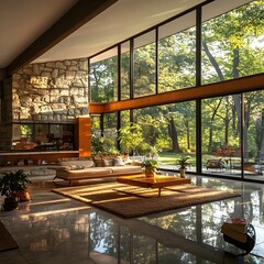 Canvas Print - A mid-century modern home with floor-to-ceiling windows, stone walls, and clean horizontal lines.