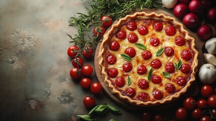 Wall Mural - Freshly baked cherry tomato tart on rustic table with herbs and vegetables surrounding it