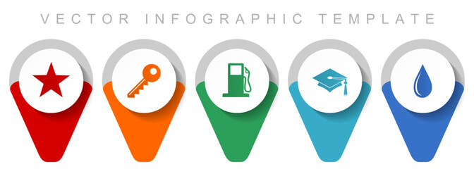 Poster - Education pointer collection, miscellaneous icons such as star, key, fuel, education and water, flat design vector infographic template in eps 10