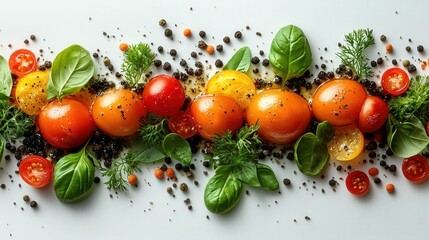 Canvas Print - Freshly arranged colorful tomatoes and herbs on a white background, showcasing vibrant ingredients for cooking