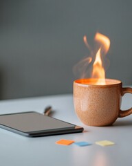 Aufkleber - Warm Minimalism for Remote Workspaces Vibrant Tablet Surrounded by Fiery Coffee Mug and Colorful Notes - Creative Digital Collaboration and Home Office Innovation